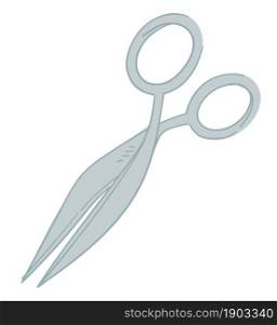 Tool with sharp blade, isolated scissors for cutting in half. Symbol of workshop or handmade products, steel instruments for work or creative classes. Stationery in office. Vector in flat style. Scissors for cutting in half, sharp blade of tool