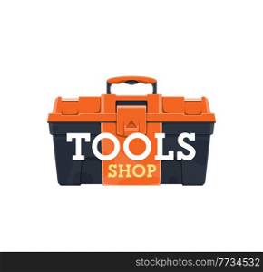Toolbox icon. Construction worker, car and house repair, handicraft equipment shop or store vector emblem or icon with plastic toolbox case or container for repairman, handyman or mechanic tools. Work tools and equipment shop icon with toolbox