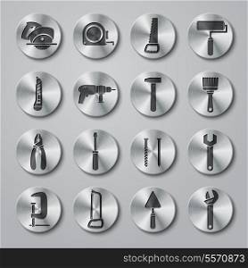 Toolbox icons set on round metal buttons of wrench hammer spanner and screw isolated vector illustration
