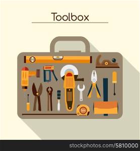 Toolbox With Tools. Toolbox of workman concept with hand and power tools vector illustration
