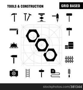 Tools And Construction Solid Glyph Icon Pack For Designers And Developers. Icons Of Box, Case, Cog, Construction, Construction, Measure, Tape, Tape Vector