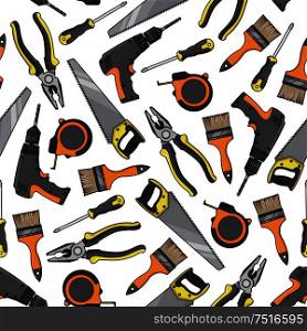 Tools and electrical equipment background with seamless pattern of screwdrivers and saws, pliers and electric cordless drills, paint brushes and tape measures. DIY, construction and carpentry theme. Tools and equipment seamless pattern