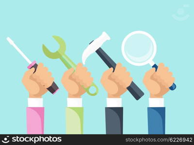 Tools and hands design flat concept. Hand and tool, hand work repair, construction tools service, wrench and spanner tools, hammer tools on hand, screwdriver tools, magnifying glass illustration