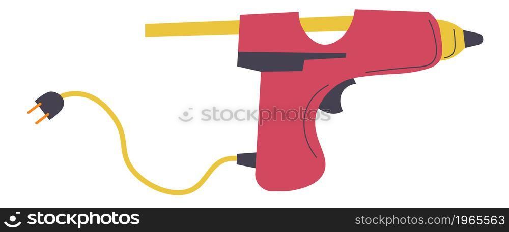 Tools and instruments for school classes and lessons, isolated gluegun with dry stick and socket. Workshop or handmade, hobbies and development of diy skills on leisure. Vector in flat style. Gluegun with dry stick, tool for school lessons