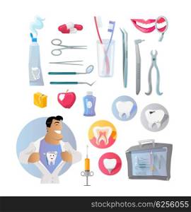 Tools and Items on Theme of Stomatology. Tools and items on the theme of stomatology. Medical dentist with tool set for dental medicine design flat. Care and hygiene dentistry for tooth and equipment for stomatology. Vector illustration