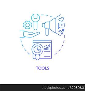 Tools blue gradient concept icon. Marketing instruments. Promotion. Creator economy stakeholder abstract idea thin line illustration. Isolated outline drawing. Myriad Pro-Bold font used. Tools blue gradient concept icon