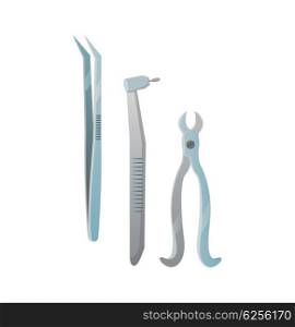 Tools dentist set design flat isolated. Care and hygiene medicine tool, medical dentistry tools, mirror dental equipment instrument metal illustration