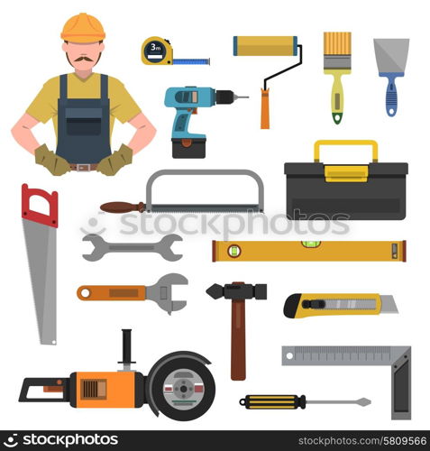 Tools flat icons set with toolbox hammer drill isolated vector illustration. Tools Flat Icons Set