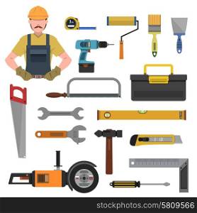 Tools flat icons set with toolbox hammer drill isolated vector illustration. Tools Flat Icons Set