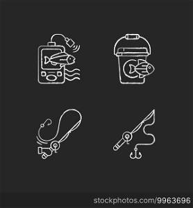 Tools for fishing chalk white icons set on black background. Special fishers equipment. Hobby and leasure activity. Casting spinning. Rod with hooks. Isolated vector chalkboard illustrations. Tools for fishing chalk white icons set on black background