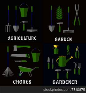 Tools for gardening and agriculture work with flat icons of shovels, rakes, pitchfork, buckets, axe, saw, shears, green plant, watering can, spray bottle, weeding hoes, sickle and wheelbarrow. Isolated icons. Tools for agriculture and gardening work