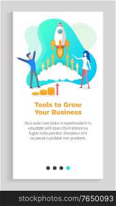 Tools for growing your business vector, man and woman launching new project and looking on rocket, spaceship with arrows symbolizing success. Website or app slider template, landing page flat style. Tools for Growing Your Business, Startup Rocket