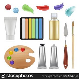 Tools for painters. Craft office supplies pencils brushes tubes with oil paint pallete decent vector realistic set isolated. Illustration painter drawing tools, paintbrush and palette. Tools for painters. Craft office supplies pencils brushes tubes with oil paint pallete decent vector realistic set isolated