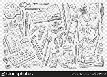 Tools for painting and drawing doodle set. Collection of hand drawn colours brush pencils paper easel gouache eraser jars albums and tools for painters isolated on transparent background. Tools for painting and drawing doodle set