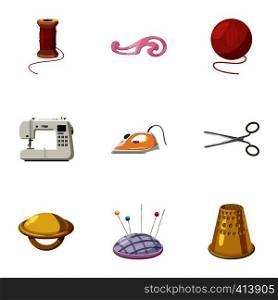Tools for sewing dresses icons set. Cartoon illustration of 9 tools for sewing dresses vector icons for web. Tools for sewing dresses icons set, cartoon style