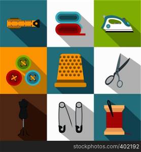 Tools for sewing dresses icons set. Flat illustration of 9 tools for sewing dresses vector icons for web. Tools for sewing dresses icons set, flat style