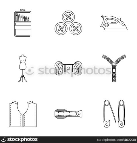 Tools for sewing dresses icons set. Outline illustration of 9 tools for sewing dresses vector icons for web. Tools for sewing dresses icons set, outline style