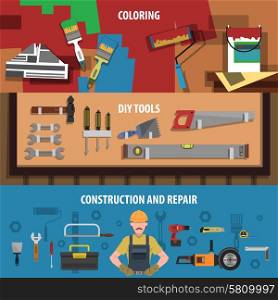 Tools horizontal banner set with flat coloring construction and repair flat elements isolated vector illustration. Tools Horizontal Banner Set