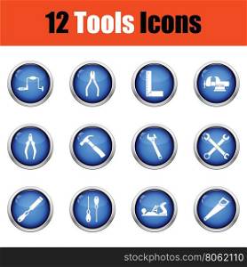 Tools icon set. Glossy button design. Vector illustration.