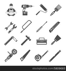 Tools icons flat black set with wrench drill worker isolated vector illustration. Tools Icons Black Set