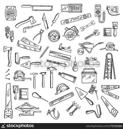 Tools icons with wrench and hammer, axe and saw, brushes and rollers, ruler and light bulbs, wheelbarrow and jack plane, trowel and rasp, knives and awls, nails and battery, ladder and tape measures. Construction tools and equipment objects