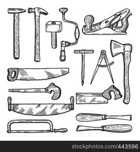 Tools in carpentry workshop. Vector hand drawn illustration. Set of tools for carpentry, equipment hammer and saw. Tools in carpentry workshop. Vector hand drawn illustration