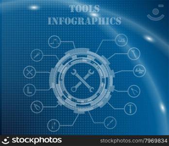 Tools Infographic Template From Technological Gear Sign, Lines and Icons. Elegant Design With Transparency on Blue Checkered Background With Light Lines and Flash on It. Vector Illustration.