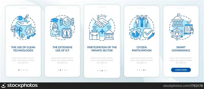 Tools of smart city management onboarding mobile app page screen. Smart systems walkthrough 5 steps graphic instructions with concepts. UI, UX, GUI vector template with linear color illustrations. Tools of smart city management onboarding mobile app page screen