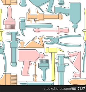 Tools seamless pattern. Drill and hammer, screwdriver and a plane. Vector Background pastel gentle tones.&#xA;