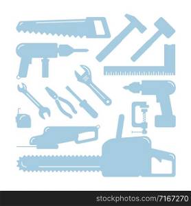 Tools silhouettes. Home Wizard Toolkit, vector DIY blue icons on white. Wrench and hammer, drill and screwdriver, tape measure and saw. Tools silhouettes. Home Wizard Toolkit, vector DIY blue icons on white