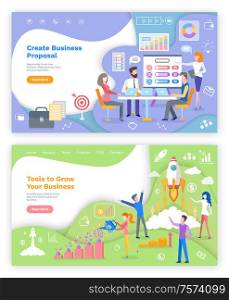 Tools to grow business and create proposal webpages vector. Peoples on meeting. Teamwork and brainstorming, income increase and development website template, landing page in flat. Create Proposal, Tools to Grow Business Web Pages