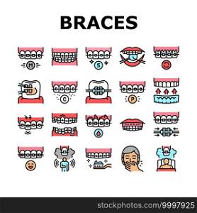 Tooth Braces Accessory Collection Icons Set Vector. Tooth Braces Installation And Correction, Metal And Sapphire, Ceramic And Plastic Material Concept Linear Pictograms. Contour Color Illustrations. Tooth Braces Accessory Collection Icons Set Vector