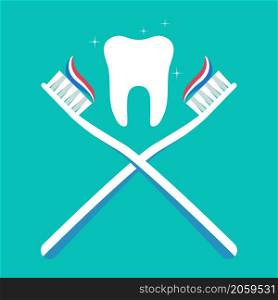 Tooth, brush and paste. Toothbrush with toothpaste flat icon. Clean white tooth. Care for dental hygiene and healthy. Logo for dentist, whitening, smile and medicine. Vector.