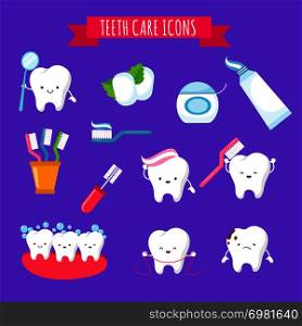 Tooth brushing and dental care cute cartoon icons for kids. Funny teeth with toothbrush and toothpaste. Brushing and hygiene tooth, vector illustration. Tooth brushing and dental care cute cartoon icons for kids. Funny teeth with toothbrush and toothpaste