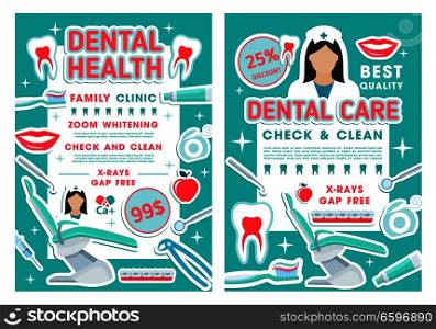 Tooth care discount offer posters for dental clinic or dentist office template. Caries treatment, oral hygiene and teeth whitening procedure promo banners with doctor tools, braces and floss. Dental clinic and dentistry discount offer poster