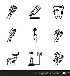 Tooth care icon set. Outline set of 9 tooth care vector icons for web design isolated on white background. Tooth care icon set, outline style