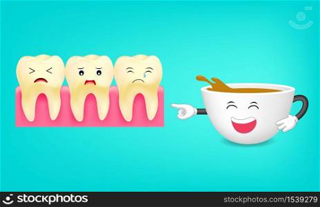 Tooth character and cup of coffee. Coffee makes your teeth yellow. Dental care concept, funny illustration.