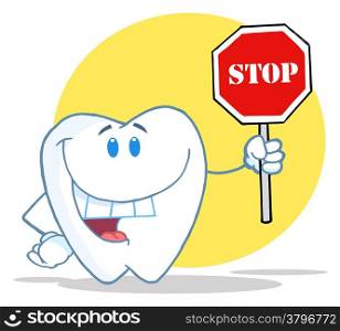 Tooth Character Holding A Stop Sign Over A Yellow Circle