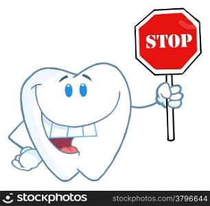 Tooth Character Smiling And Holding A Stop Sign