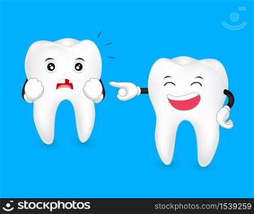 Tooth character with loose tooth. funny illustration. Great for dental care concept. Illustration isolated on blue background.