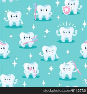 Tooth characters pattern. Seamless print with dentistry cartoon mascot persons with cute faces, dental and oral health concept. Vector texture. Teeth protection with shield and freshness. Tooth characters pattern. Seamless print with dentistry cartoon mascot persons with cute faces, dental and oral health concept. Vector texture