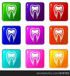Tooth cross section icons of 9 color set isolated vector illustration. Tooth cross section icons 9 set
