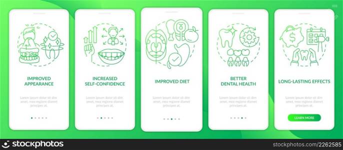 Tooth enhancement benefits green gradient onboarding mobile app screen. Walkthrough 5 steps graphic instructions pages with linear concepts. UI, UX, GUI template. Myriad Pro-Bold, Regular fonts used. Tooth enhancement benefits green gradient onboarding mobile app screen