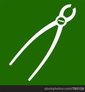 Tooth extraction instrument icon white isolated on green background. Vector illustration. Tooth extraction instrument icon green