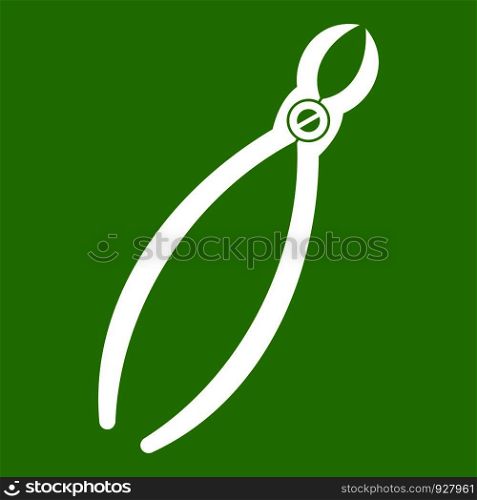 Tooth extraction instrument icon white isolated on green background. Vector illustration. Tooth extraction instrument icon green