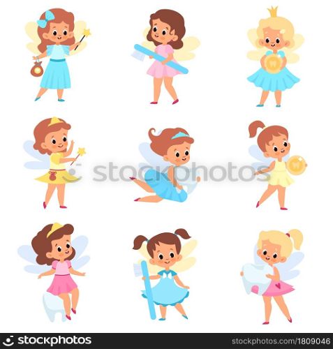 Tooth fairies. Cute little winged girls in different dresses with dental care accessories and teeth, baby stories, kids legends and myths. Fabulous flying princesses. Vector cartoon flat isolated set. Tooth fairies. Cute little winged girls in different dresses with dental care accessories and teeth, baby stories, kids legends. Fabulous flying princesses. Vector cartoon flat isolated set