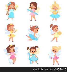 Tooth fairies. Cute little winged girls in different dresses with dental care accessories and teeth, baby stories, kids legends and myths. Fabulous flying princesses. Vector cartoon flat isolated set. Tooth fairies. Cute little winged girls in different dresses with dental care accessories and teeth, baby stories, kids legends. Fabulous flying princesses. Vector cartoon flat isolated set