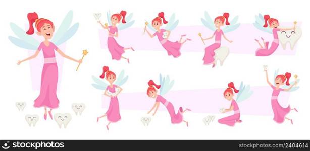 Tooth fairy characters. Female fairytale princess cute little girl holding magic wand and tooth exact vector illustrations set of mascot in action poses. Female fairytale dentistry, young creature. Tooth fairy characters. Female fairytale princess cute little girl holding magic wand and tooth exact vector illustrations set of mascot in action poses
