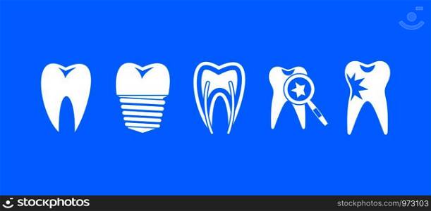 Tooth icon set. Simple set of tooth vector icons for web design isolated on blue background. Tooth icon blue set vector