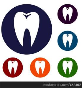 Tooth icons set in flat circle reb, blue and green color for web. Tooth icons set